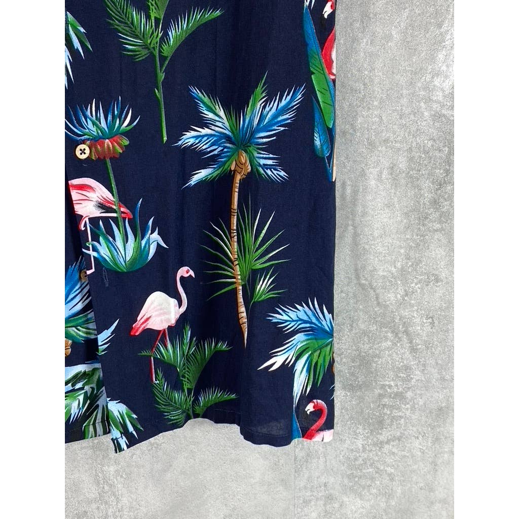 ALEX VANDO Men's Navy Flamingo Hawaiian Button-Up Short Sleeve Shirt SZ S