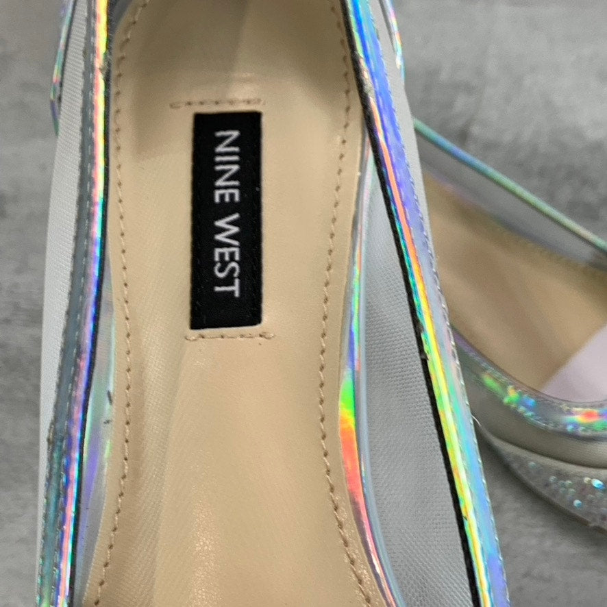 NINE WEST Women's Silver Bogus Rhinestone Embellished Pointed-Toe Mesh Flats SZ7