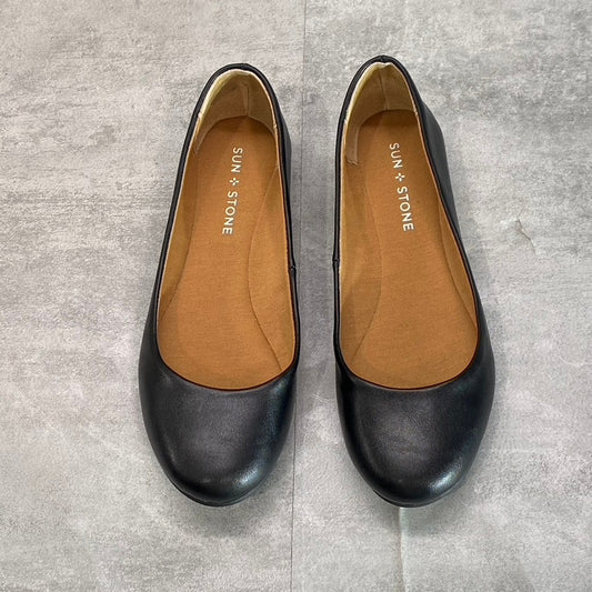 SUN + STONE Women's Black Smooth Eliana Memory Foam Round-Toe Slip-On Flats SZ 7