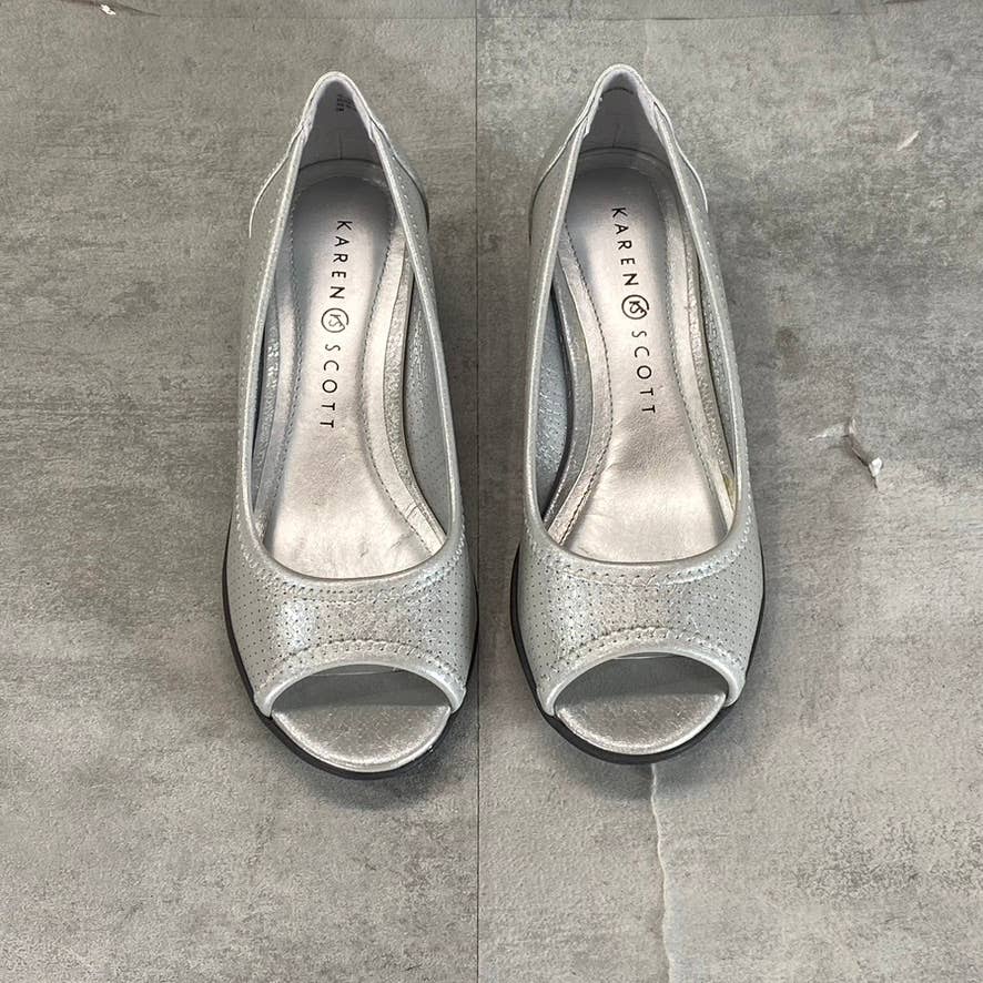 KAREN SCOTT Women's Silver Perforated Yaritza Open-Toe Wedge Slip-On Pumps SZ 5