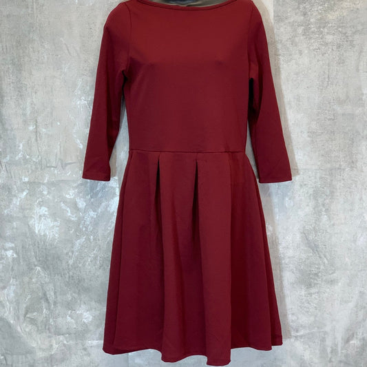 24/7 COMFORT APPAREL Women's Burgundy 3/4 Sleeve Fit & Flare Two-Pocket Mini Dress SZ M