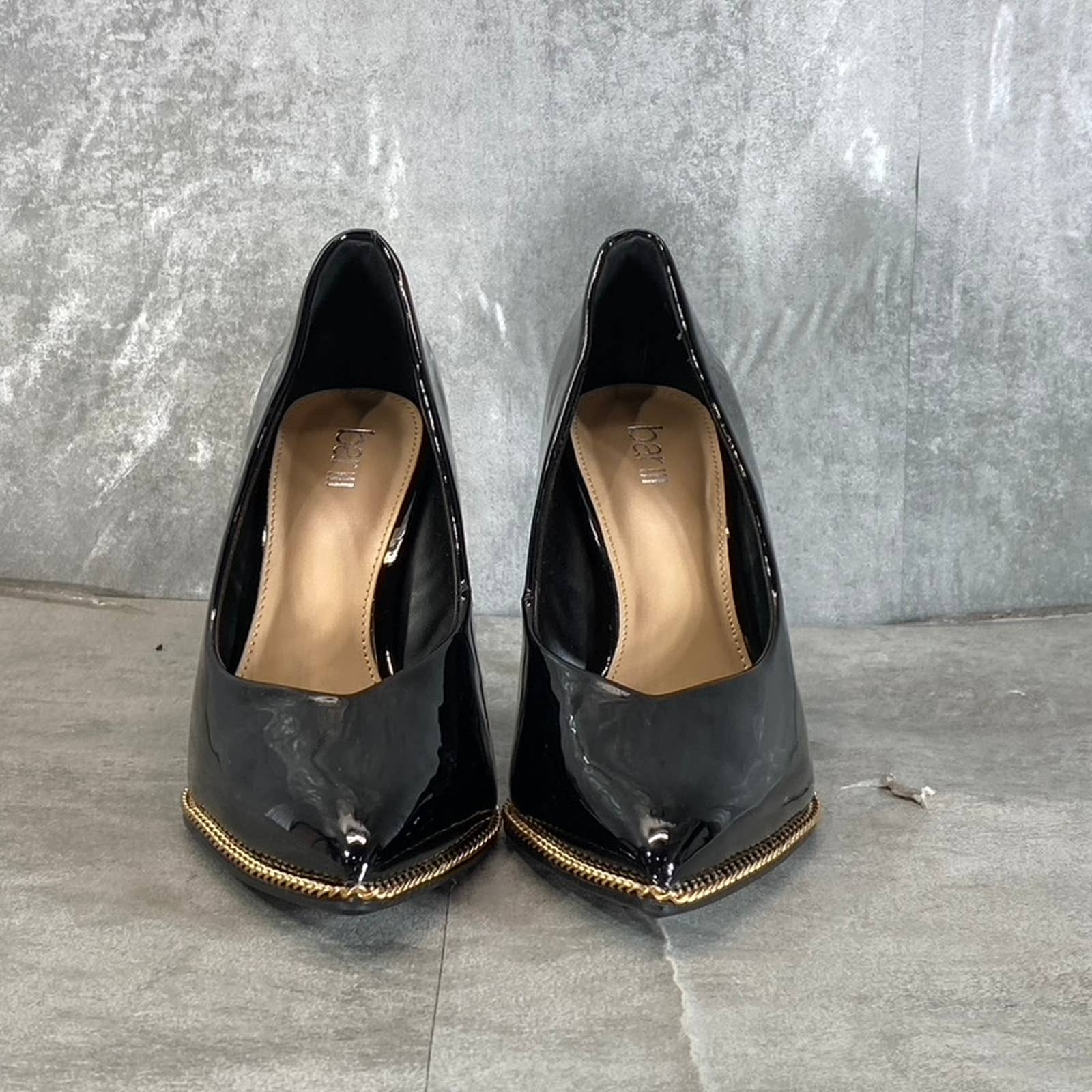 BAR III Women's Black Patent Binsa Ball-Chain Trim Pointed-Toe Pumps SZ 8.5