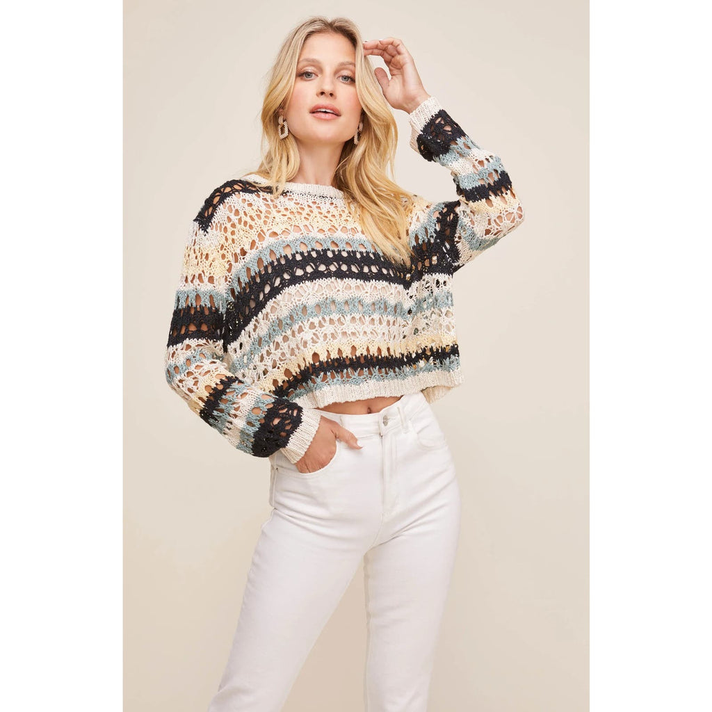 ASTR THE LABEL Tan Striped Jaded Crewneck Pullover Knitted Long Sleeve Sweater SZ XS