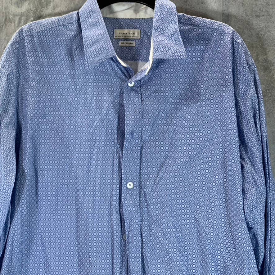 ZARA MAN Men's Blue Tailored Fit Printed Button-Up Cotton Long-Sleeve Shirt SZXL