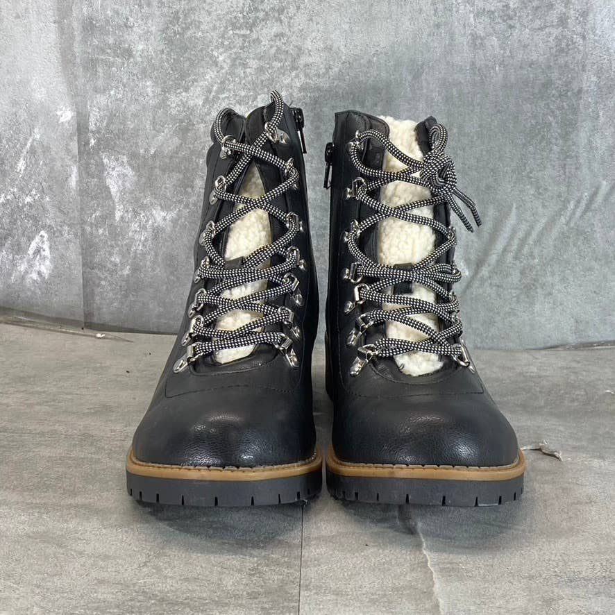 STYLE & CO Women's Black Faux-Leather Maariah Faux-Shearling Lace-Up Boots SZ 10