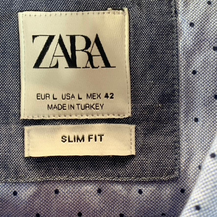 ZARA Men's Light Blue Mini Dot Printed Slim-Fit Button-Up Cotton Shirt SZ L