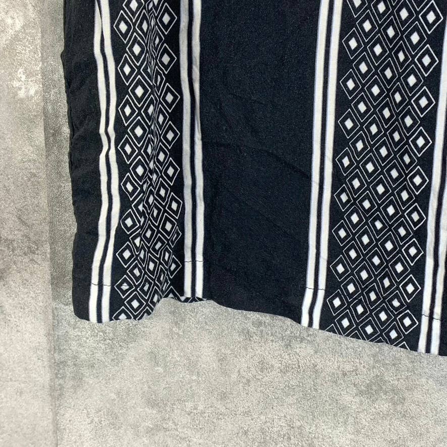 REISS Men's Black/White Diamond Striped Button-Up Short-Sleeve Camp Shirt SZ XL