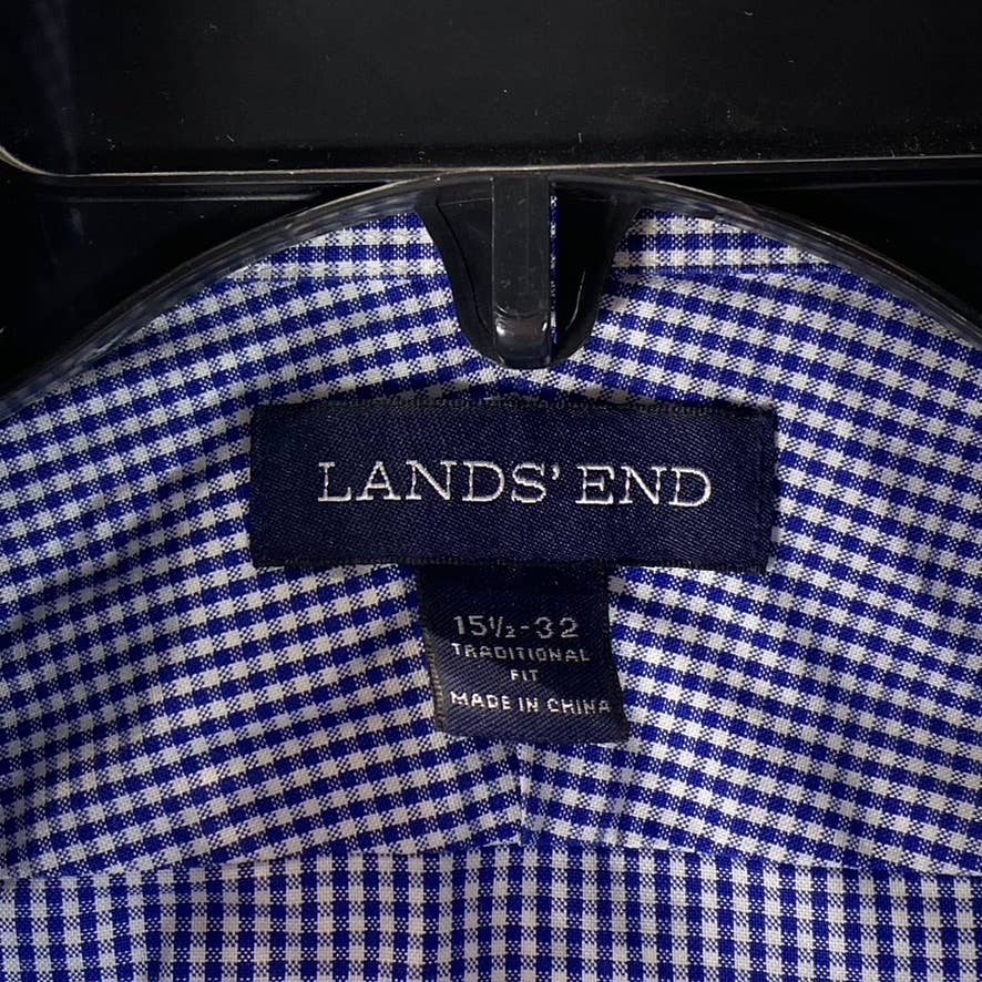 LANDS' END Men's Rich Sapphire Check No-Iron Supima Pinpoint Shirt SZ 15.5/32