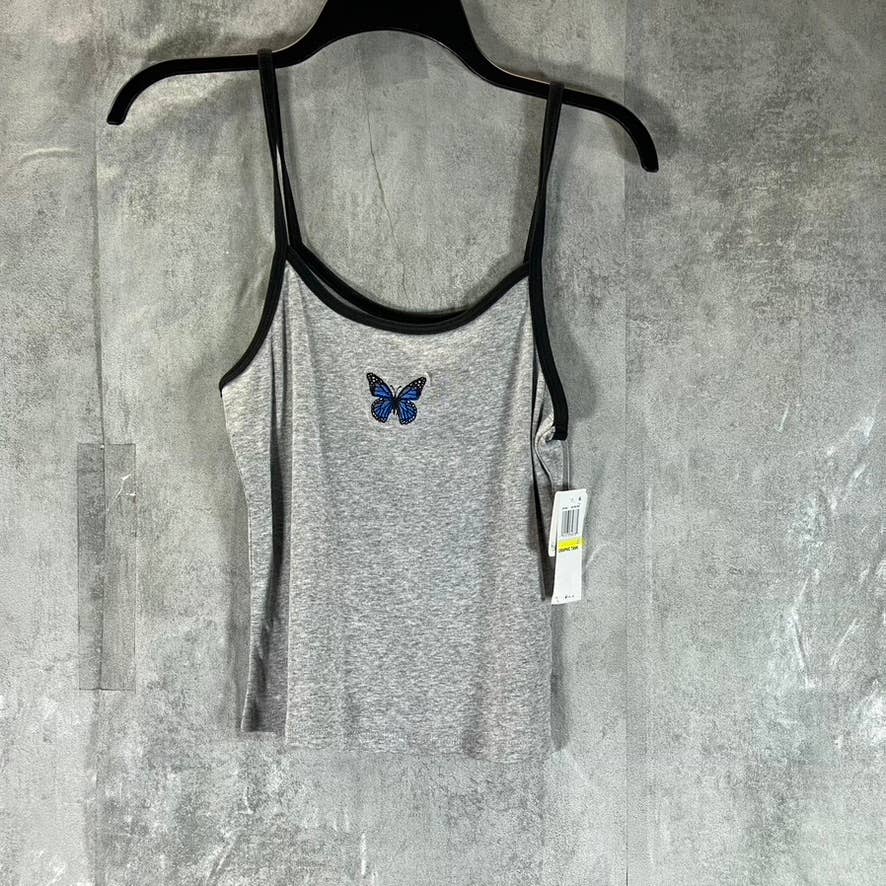 REBELLIOUS ONE Juniors' Heather Grey Butterfly Embroidered Tank Top SZ M