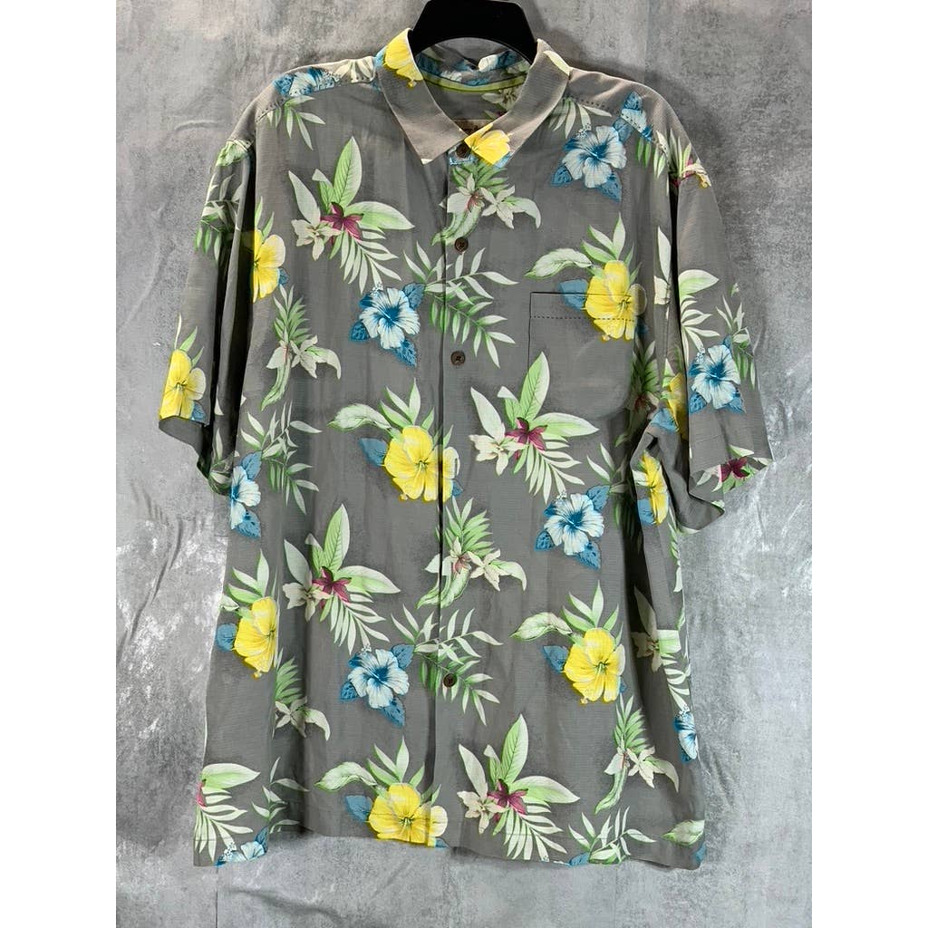 TOMMY BAHAMA Men's Grey Original-Fit Floral-Print Button-Up Silk Shirt SZ XL