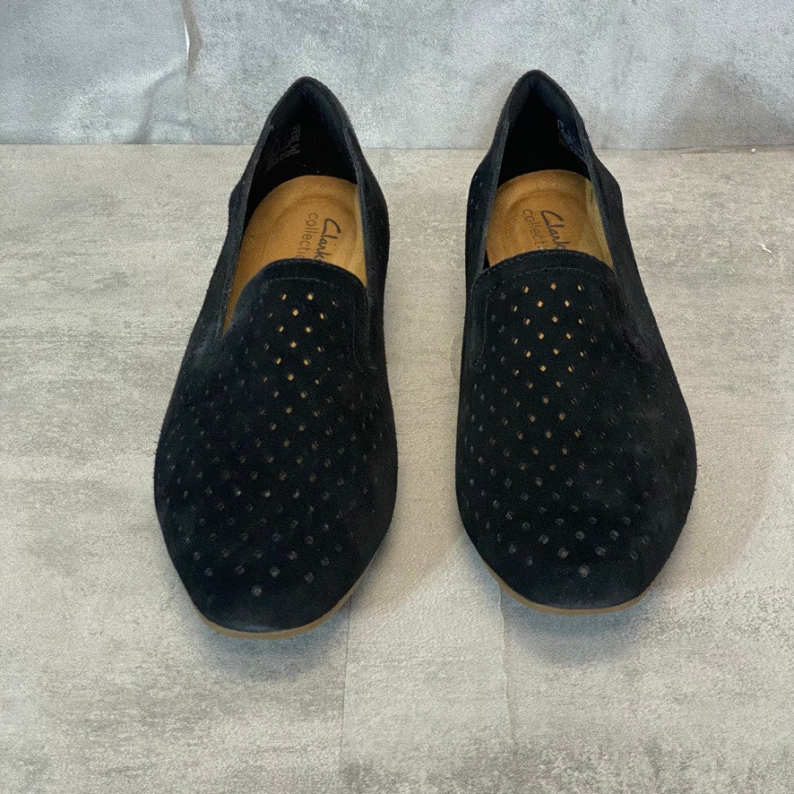 CLARKS Wide Width Black Laser-Cut Suede Juliet Hayes Block Heel Loafers SZ 10W