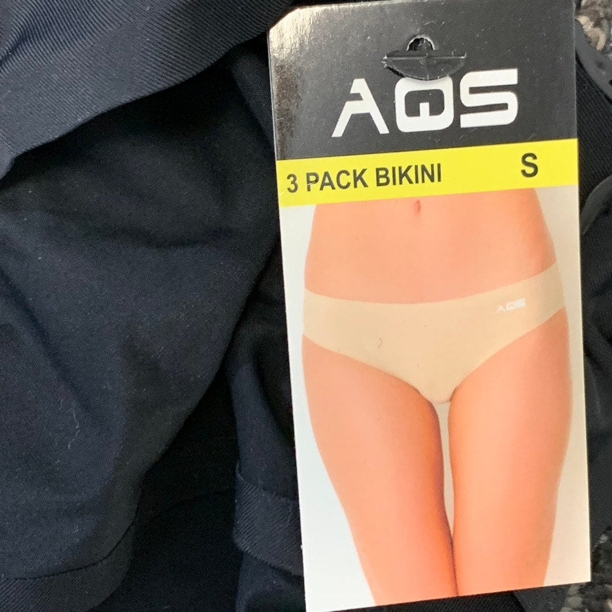 AQS Solid Black 3-Pack Seamless Bikini Cut Panties SZ S