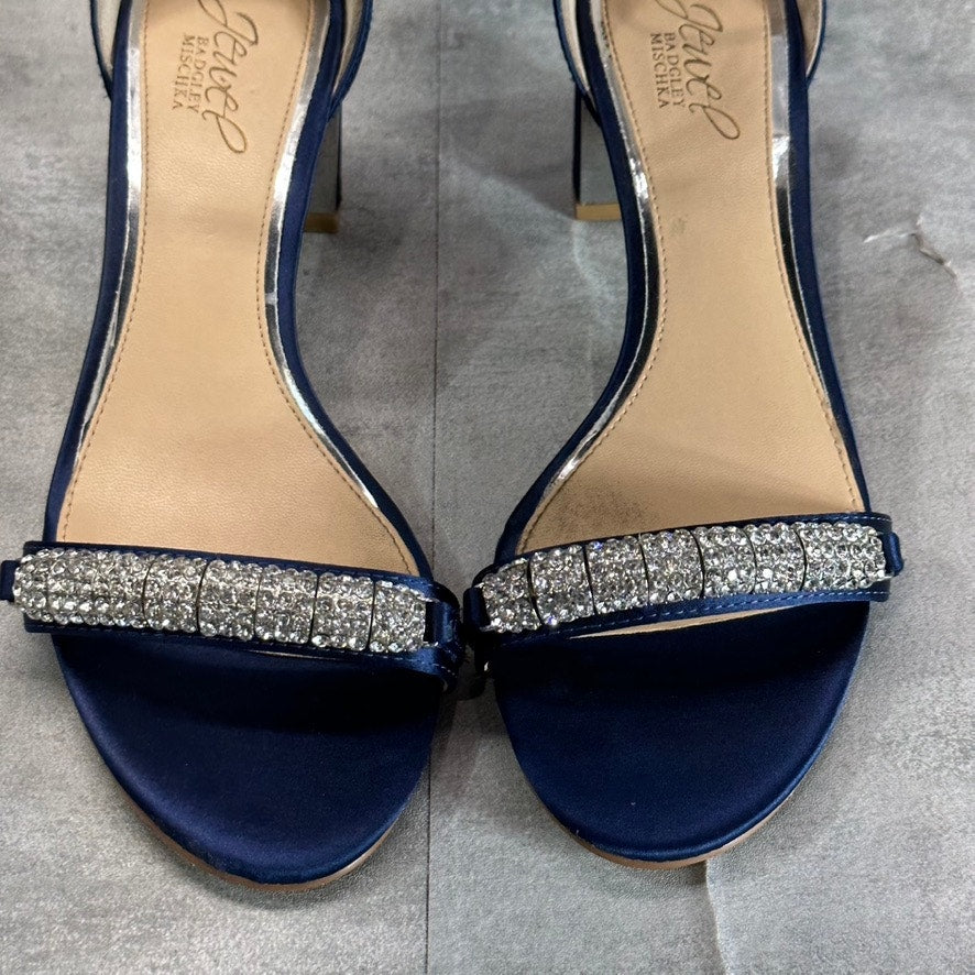 JEWEL BADGLEY MISCHKA Women's Navy Satin Ramsay Rhinestone Evening Sandals SZ 8