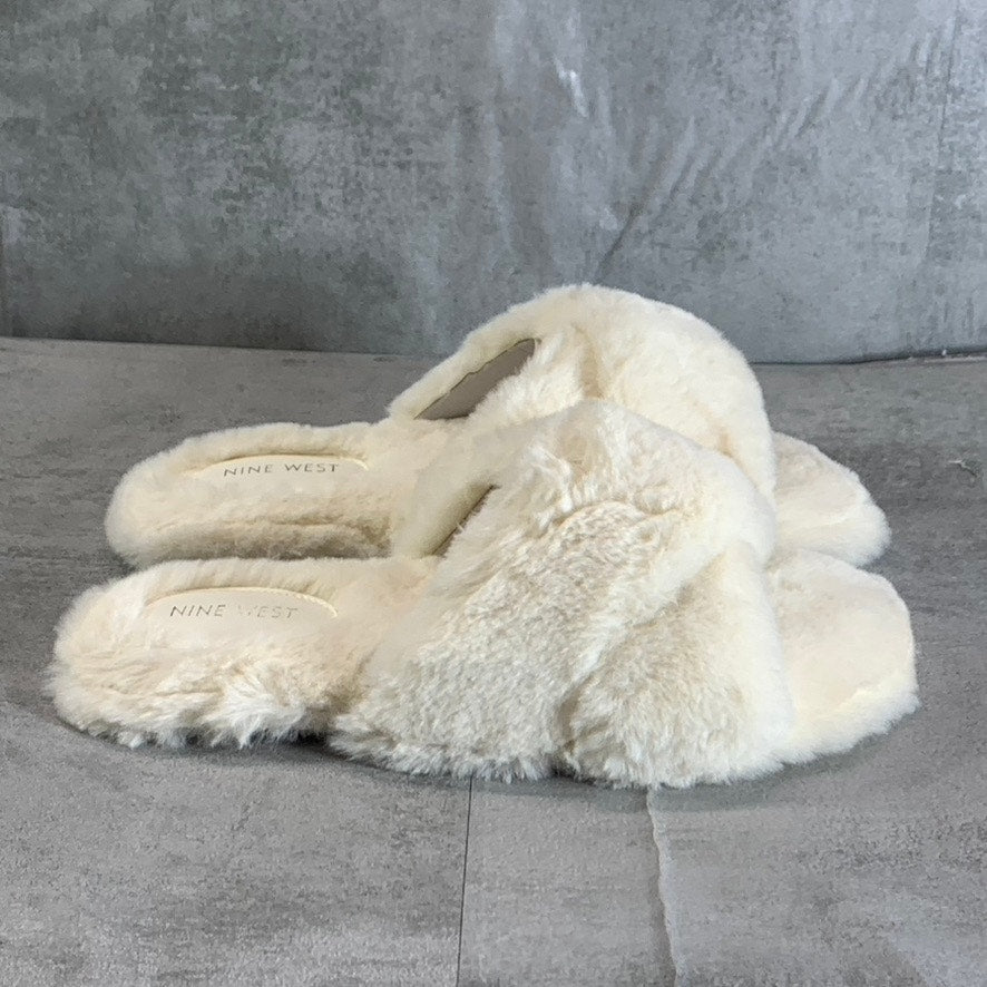 NINE WEST Women's Light Natural Fabric Cozy Faux-Fur Cross Band Slide Sandals