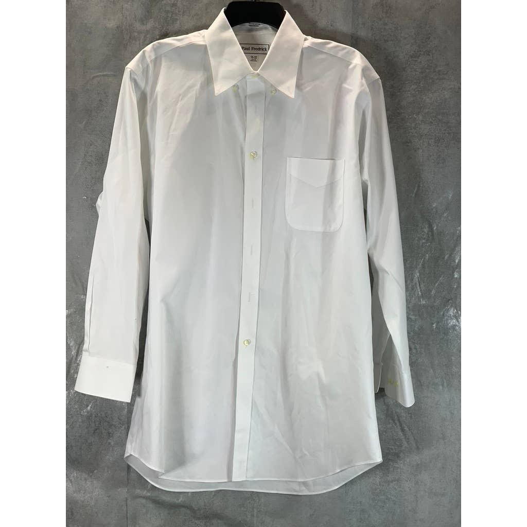 PAUL FREDRICK Men's White Non-Iron Cotton Pinpoint Solid Dress Shirt SZ 16-32