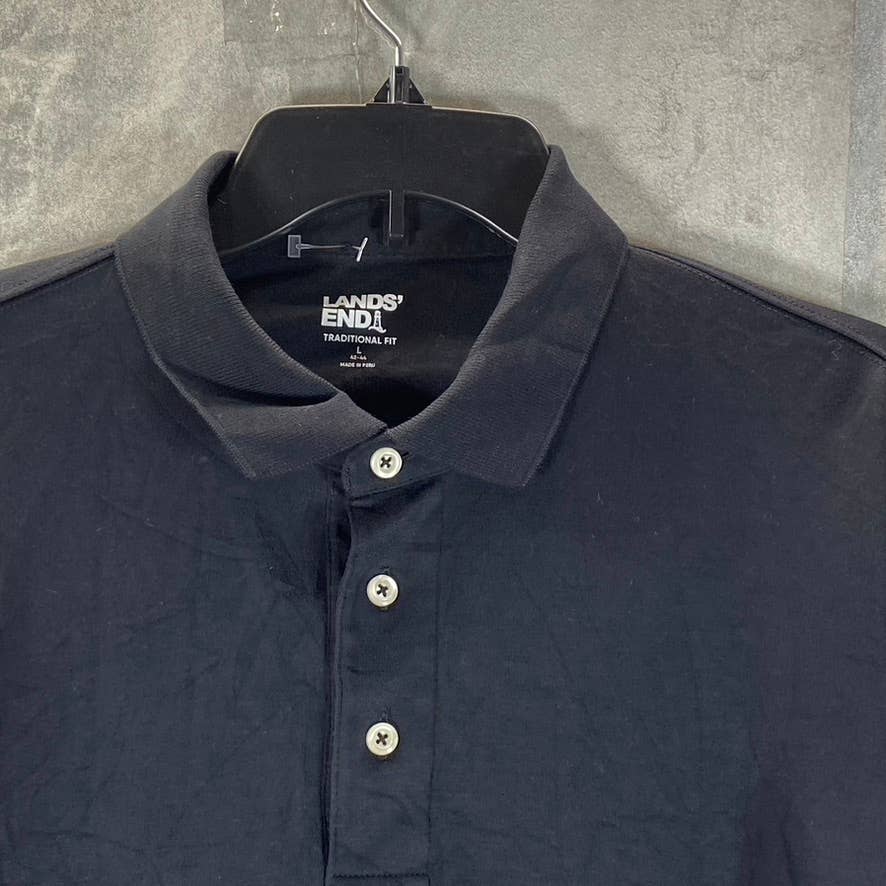 LANDS' END Men's Black Traditional-Fit Long-Sleeve Polo Shirt SZ L