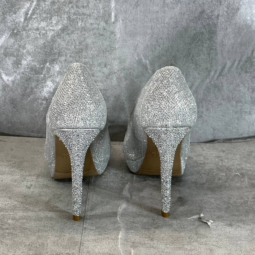 THALIA SODI Women's Silver Rhinestone Lenna Stiletto Peep-Toe Pumps SZ 6.5