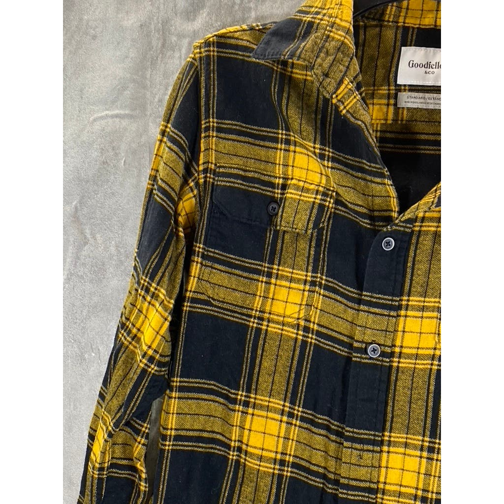 GOODFELLOW & CO Men's Black/Yellow Plaid Standard Fit Button-Up Shirt SZ S