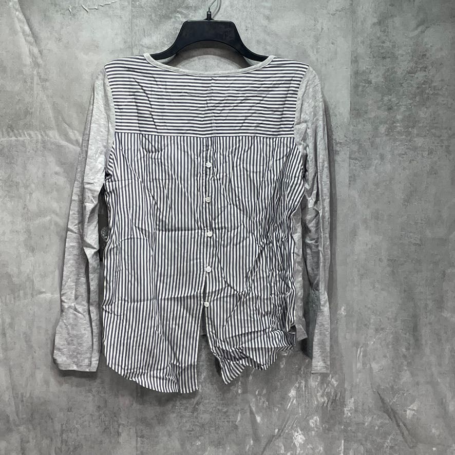 VINCE CAMUTO Grey Heather Scoop Neck Striped Button Back Long Sleeve Pullover Top SZ XS