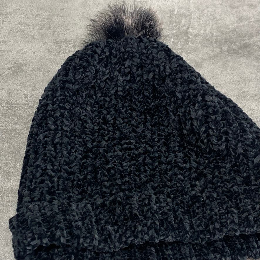 UNBRANDED Solid Black Faux-Fur Pom Knit Cuff Beanie SZ OS