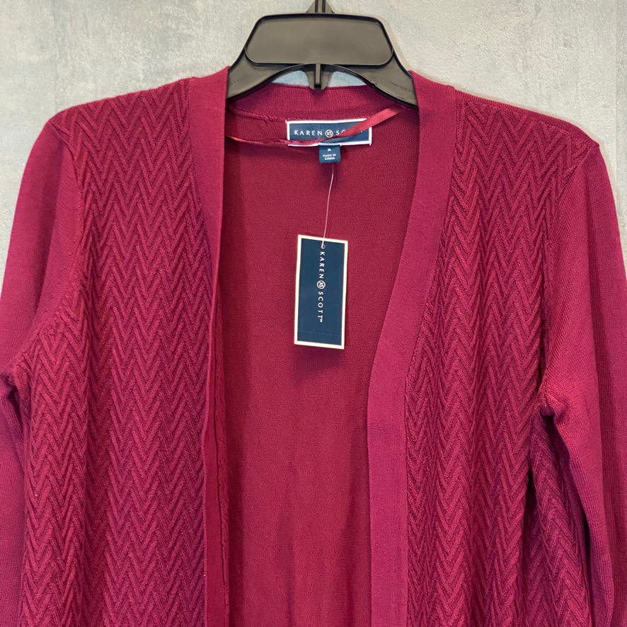 KAREN SCOTT Women's Merlot Open-Front Collarless Chevron Duster Cardigan SZ S