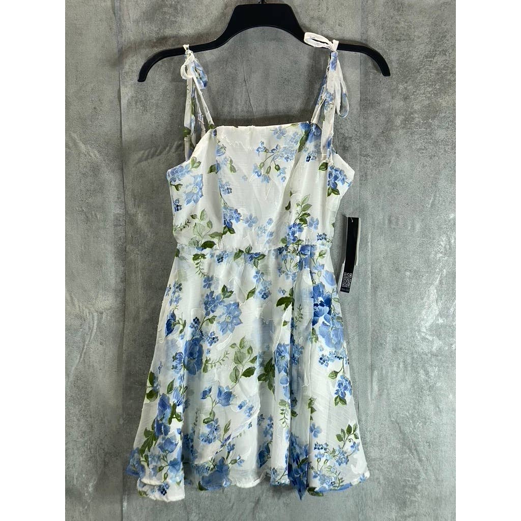 TRIXXI Juniors' White-Blue Floral-Print Tie-Spaghetti Strap Mini Dress SZ 0