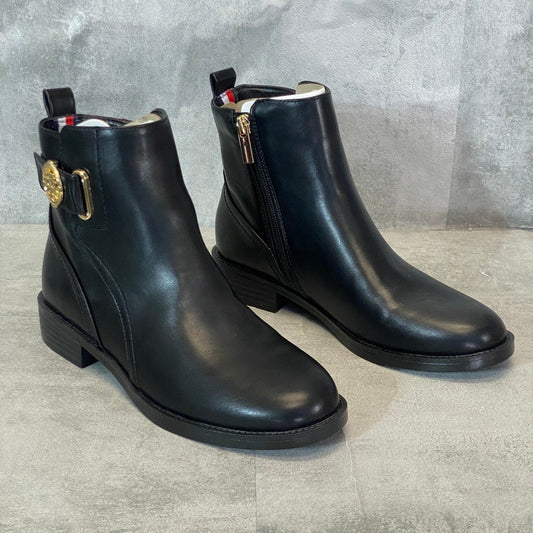 TOMMY HILFIGER Black Rezin Logo Buckle Zip-Up Block Heel Ankle Boots SZ 6.5