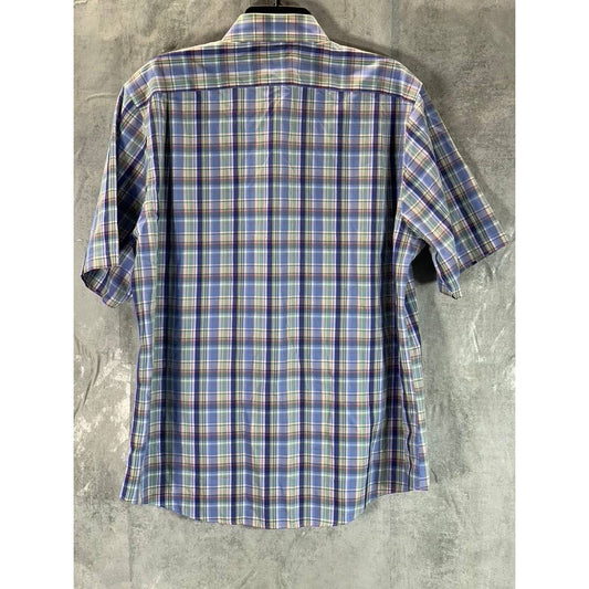 ENRO Men's Blue Multi Plaid Non-Iron Button-Up Short-Sleeve Shirt SZ L