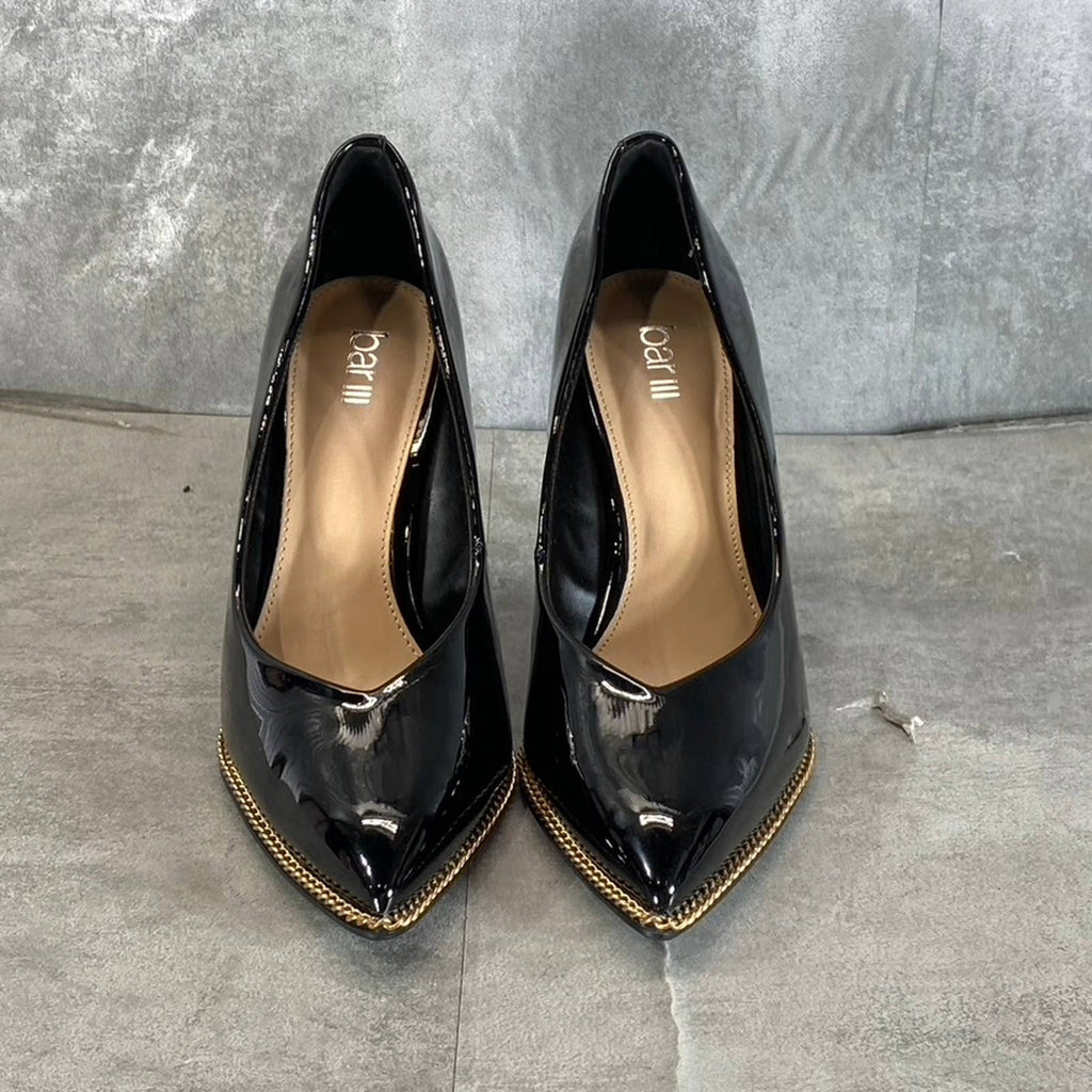 BAR III Women's Black Patent Binsa Ball-Chain Trim Pointed-Toe Pumps SZ 8.5