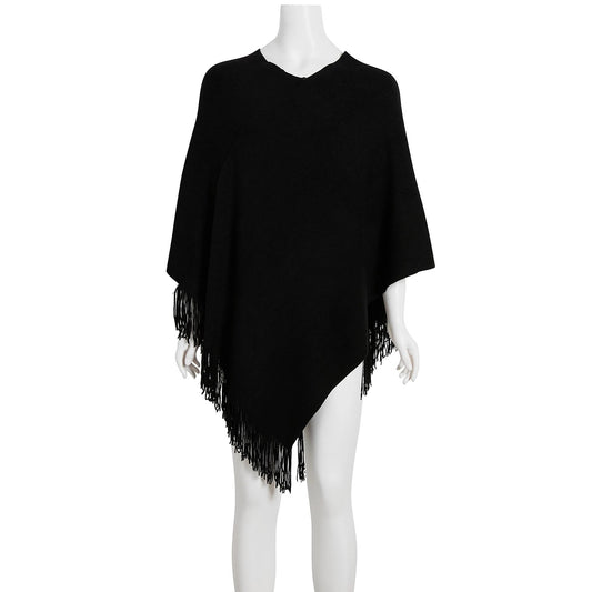 CEJON Solid Black Back to Basics Fringe Poncho OS