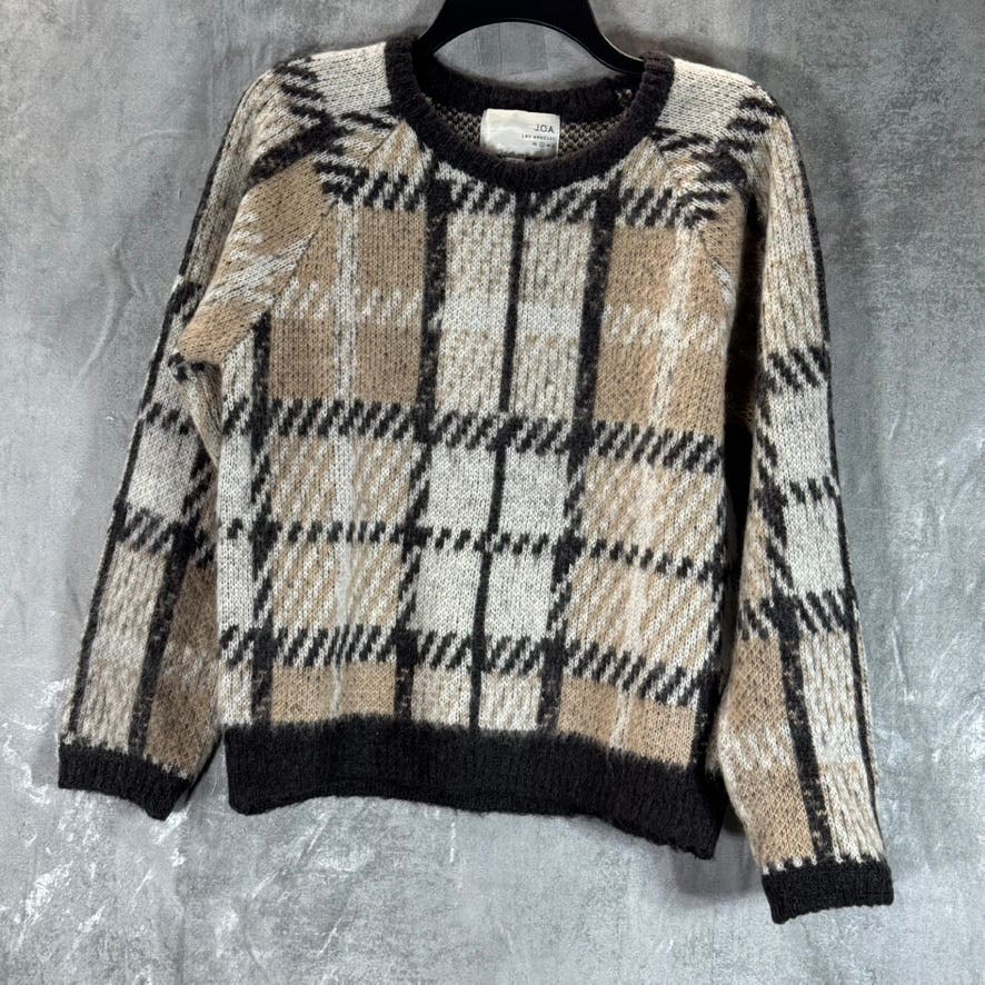 J.O.A Women's Tan Checkered Crewneck Mohair Wool Pullover Sweater SZ S