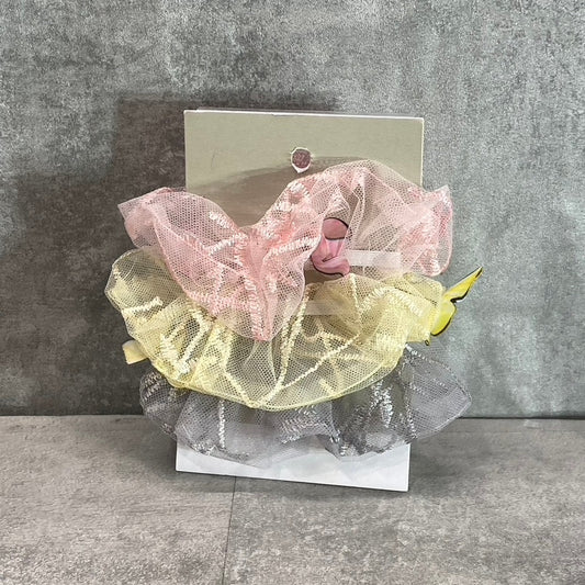 BP. Women's Pink-Yellow-Gray Mesh 3D Butterfly 3-Piece Hair Scrunchies SZ OS