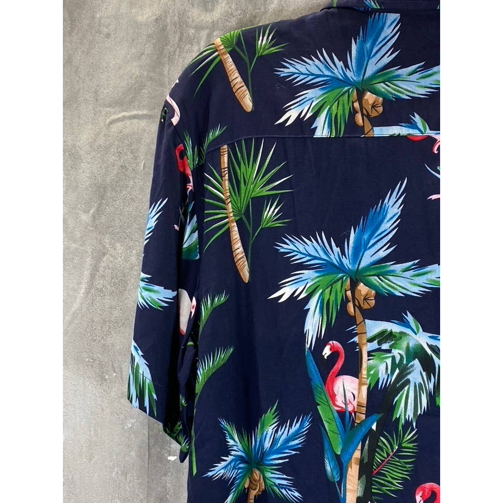 ALEX VANDO Men's Navy Flamingo Hawaiian Button-Up Short Sleeve Shirt SZ S