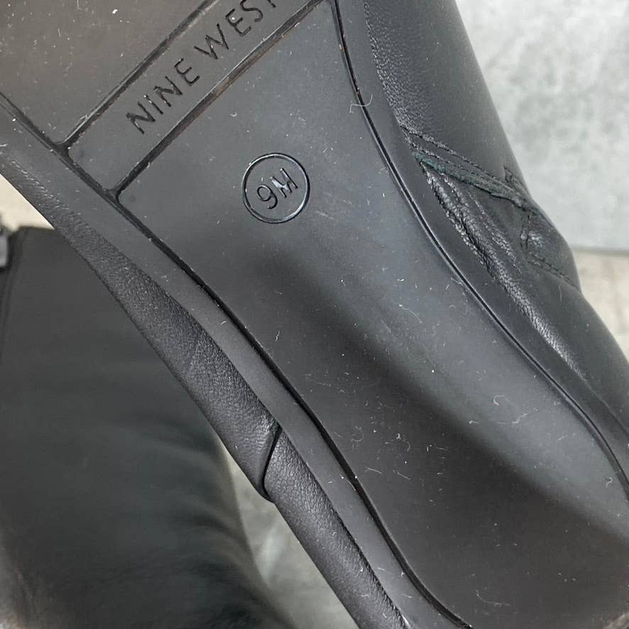 NINE WEST Women's Black Leather Jozy Square-Toe Heeled Booties SZ 9