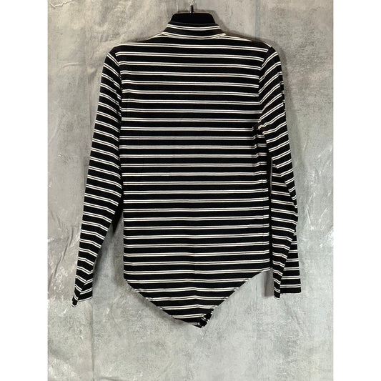 J.CREW Women's Black/Ivory Striped Mockneck Button Shoulder Bodysuit SZ M