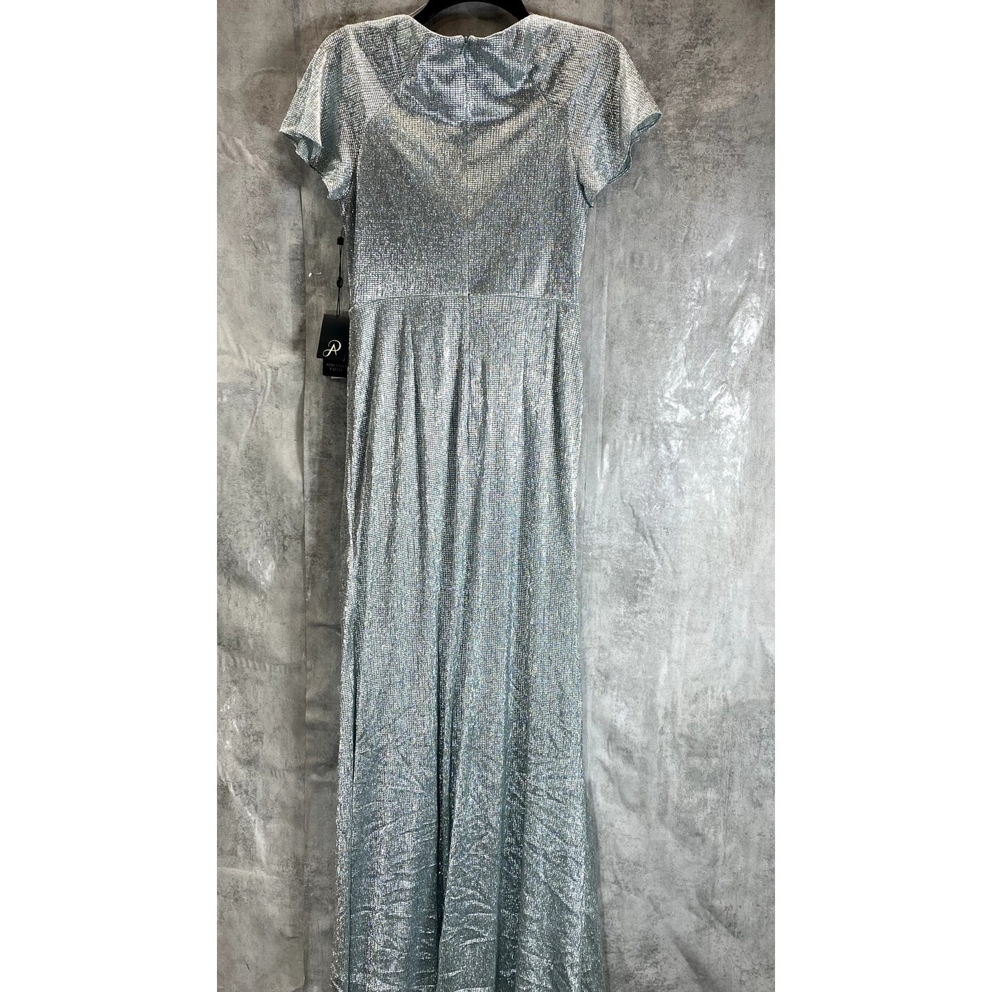 ADRIANNA PAPELL Women's Sea Glass Metallic Mesh Twist Short Sleeve Maxi Gown SZ6