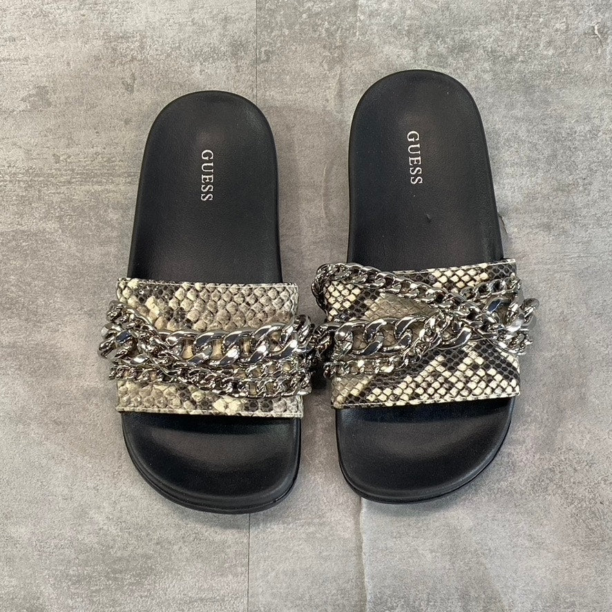 GUESS Women's Tan Animal Embossed Salema Chain Detail Slide Pool Sandals SZ 5
