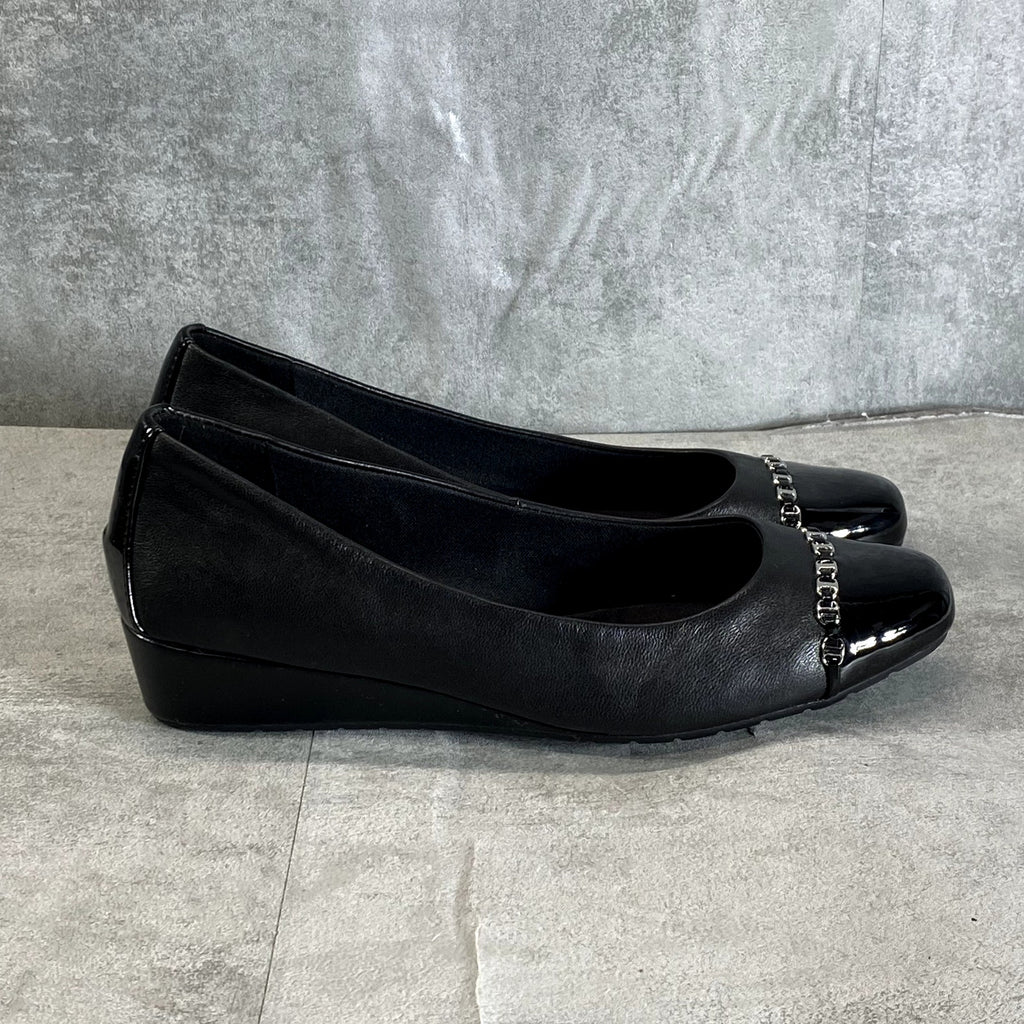 ANNE KLEIN Women's Black Leather iFlex Maysel Slip-On Square-Toe Wedge Flats SZ 7.5