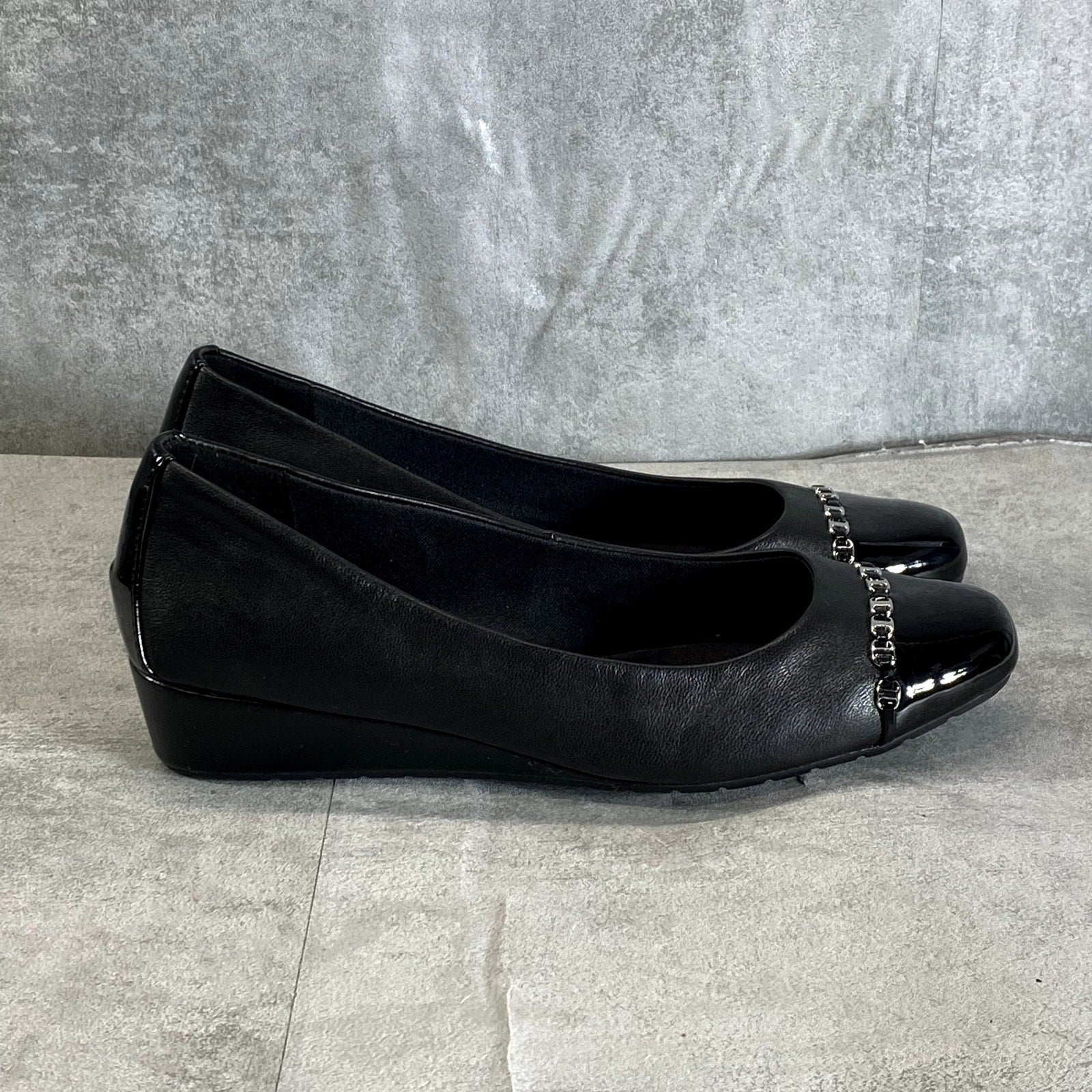 ANNE KLEIN Women's Black Leather iFlex Maysel Slip-On Square-Toe Wedge Flats SZ 7.5