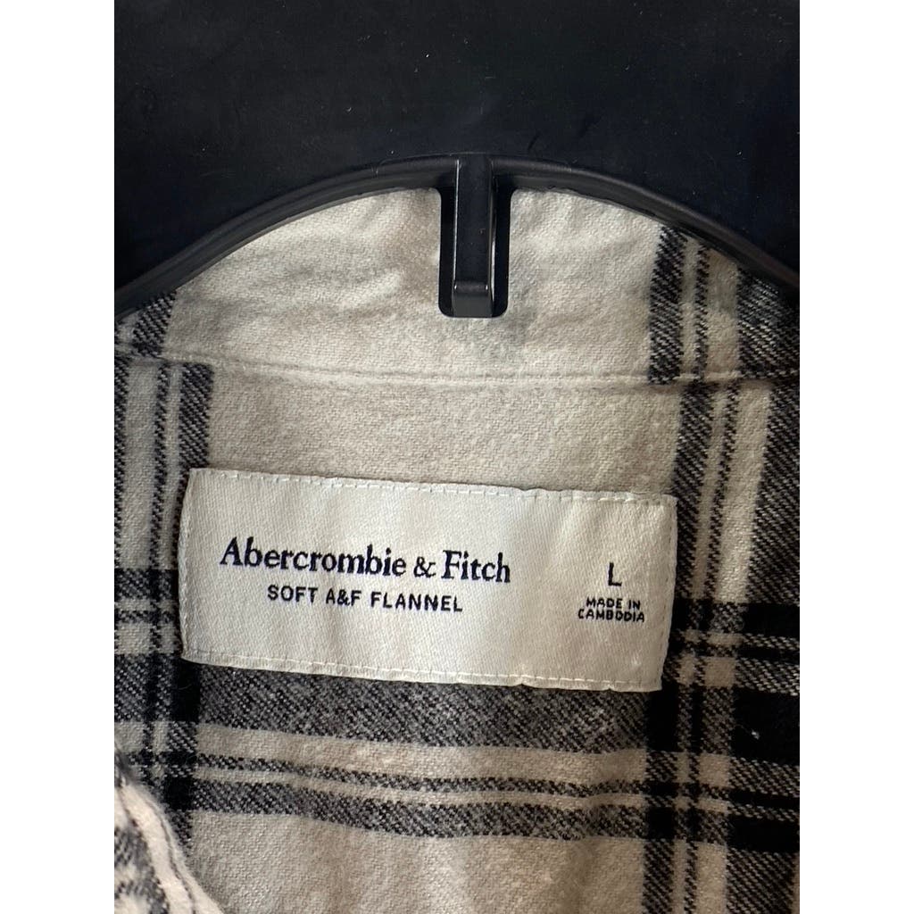 ABERCROMBIE & FITCH Men's Cream/Black Plaid Flannel Button-Up Shirt SZ L