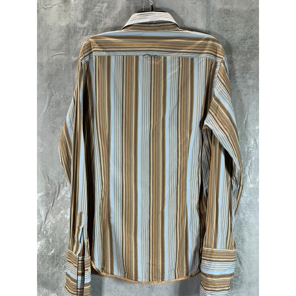 PS. PAUL SMITH Men's Brown/Blue Striped Satin-Trim Wide Cuff Shirt SZ NA