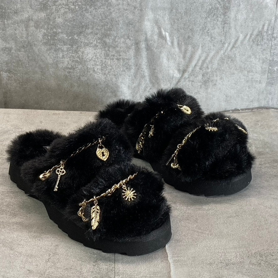 WILD PAIR Women's Black Paiyge Chain Faux-Fur Slide Slip-On Slippers SZ 6