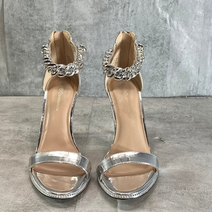 BCBGENERATION Women's Silver Jadia Chain Detail Ankle Strap Dress Sandals SZ 9