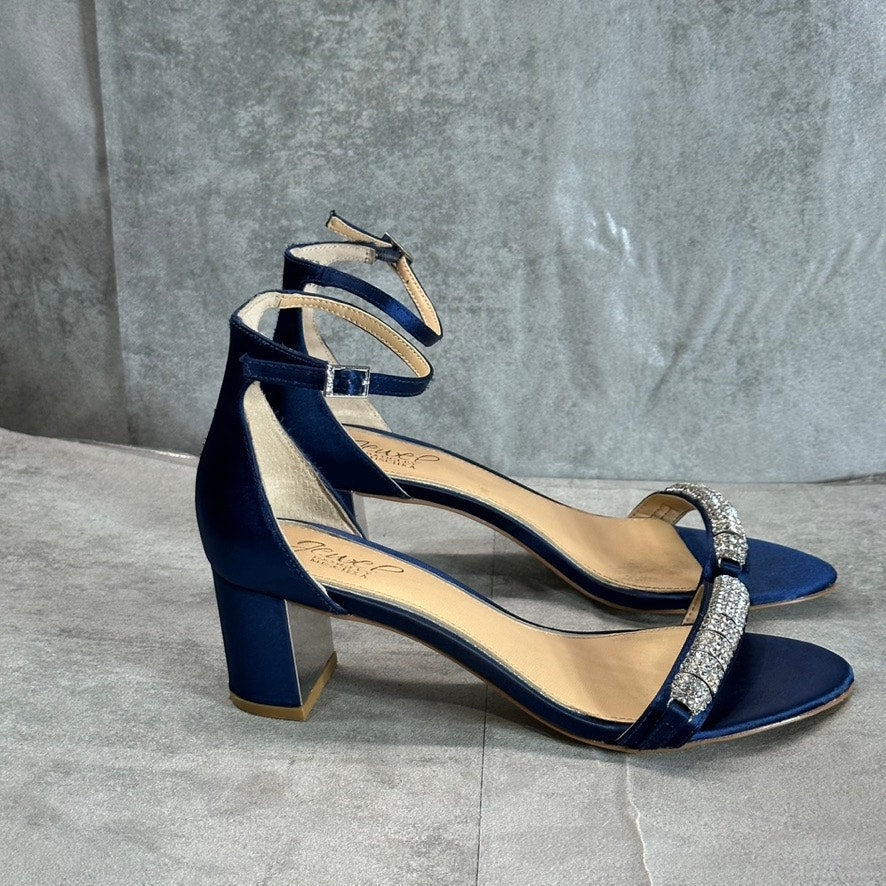 JEWEL BADGLEY MISCHKA Women's Navy Satin Ramsay Rhinestone Evening Sandals SZ 8