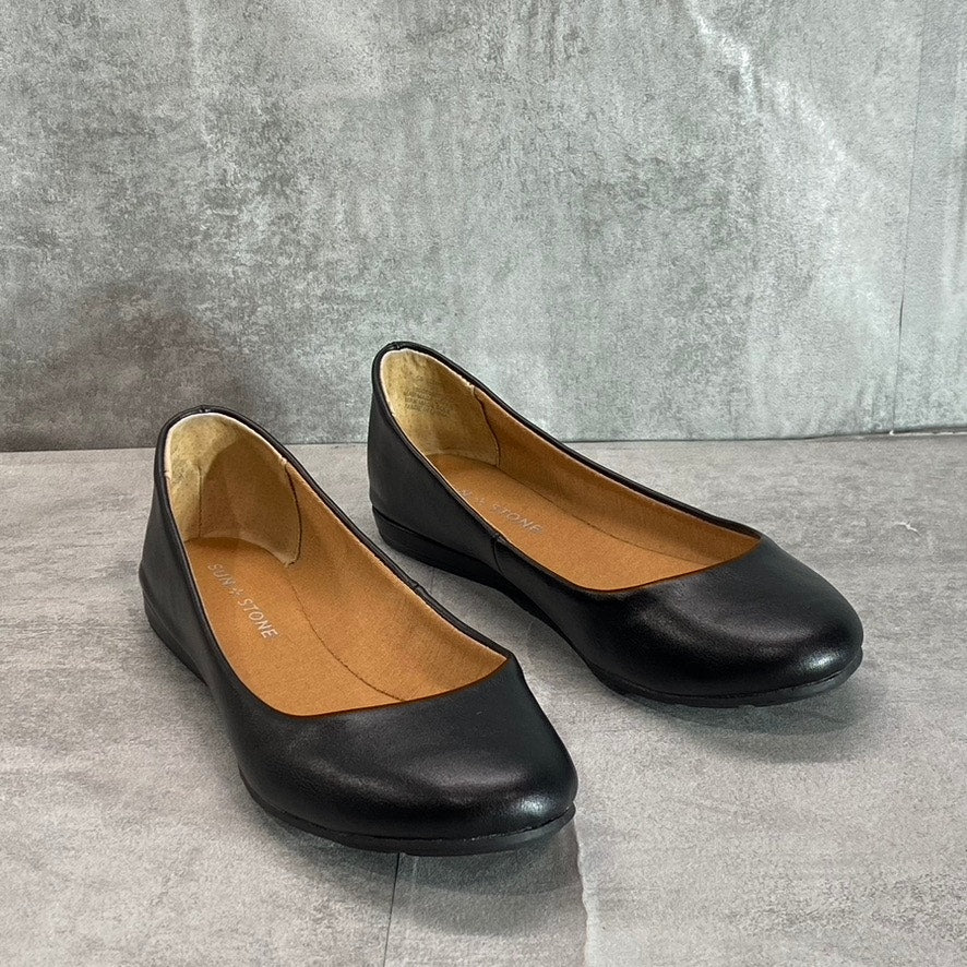 SUN + STONE Women's Black Smooth Eliana Memory Foam Round-Toe Slip-On Flats SZ 7