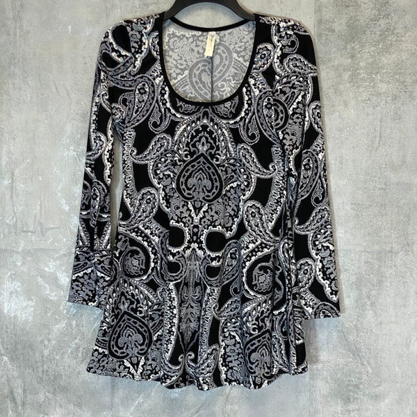 24/7 COMFORT APPAREL Women's Black Paisley Scoop Neck Long Sleeve Tunic Top SZ M