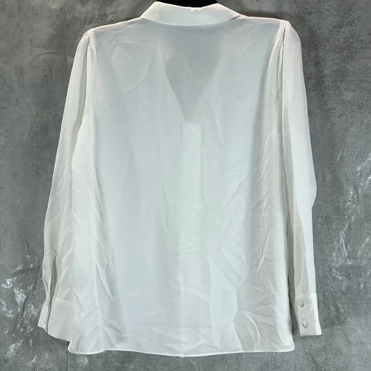 ALFANI Women's Bright White V-Neck Collared Button-Up Long-Sleeve Top SZ M