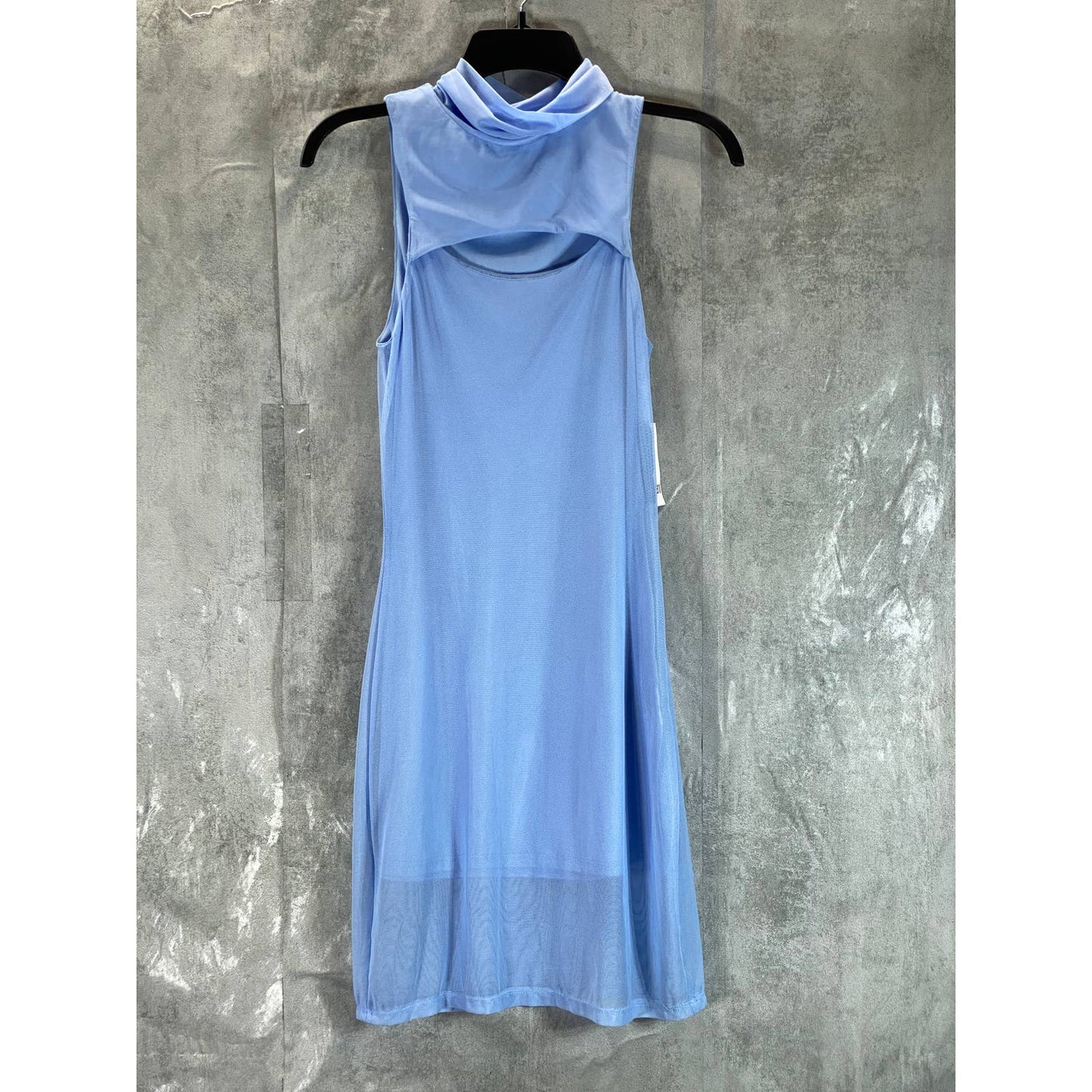 BAR III Women's Blue Whisper Mesh Mock-Neck Sleeveless Mini Dress SZ XS