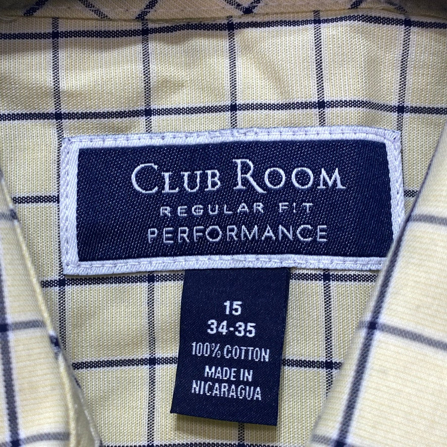 CLUB ROOM Yellow Navy Check Square Button Down Regular Fit Shirt SZ 15 34/35