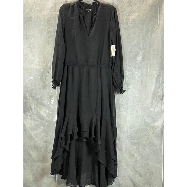1. STATE Women's Black Split-Neck Smocked Hi-Low Long Blouson Sleeves Dress SZ M